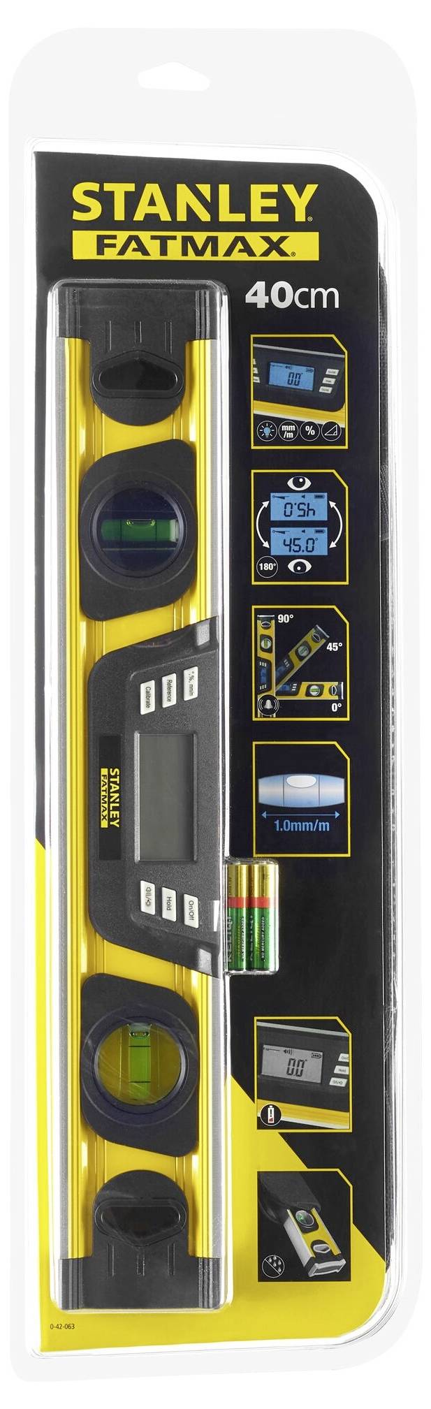 Cyfrowy poziomnica marki Stanley FATMAX, długości 40 cm, zapakowana z ilustracjami zastosowań i dwoma bateriami na opakowaniu.