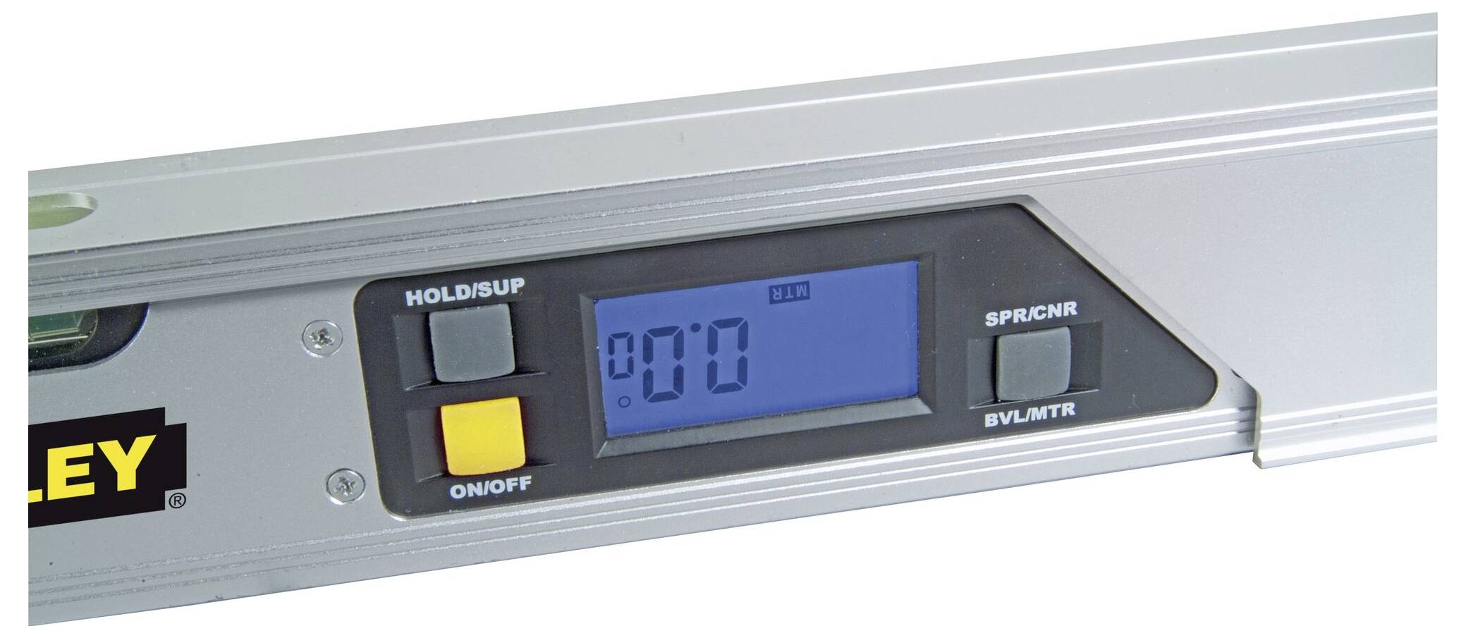 Cyfrowy poziomnica z niebieskim wyświetlaczem LCD, wskazująca '0°'. Dostępne przyciski funkcyjne Hold, On/Off oraz dodatkowe ustawienia.