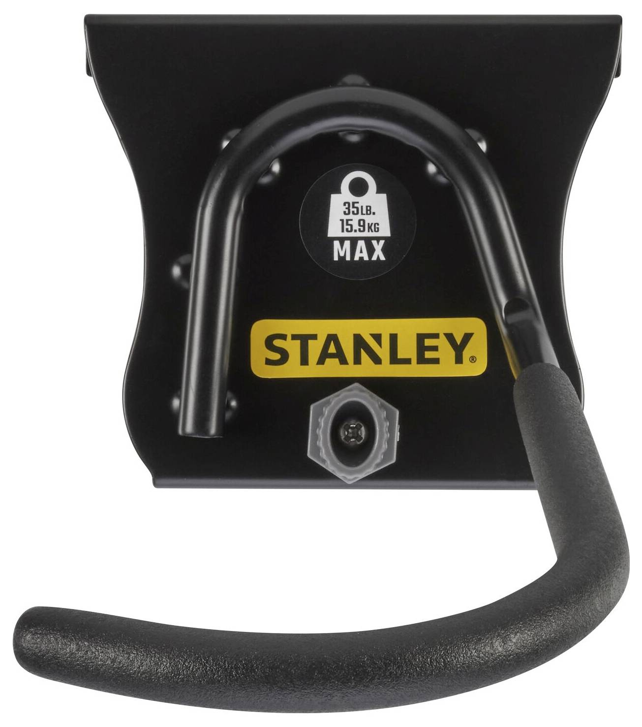 Czarny hak ścienny Stanley z żółtym logo do przechowywania, wytrzymały do 15,9 kg.