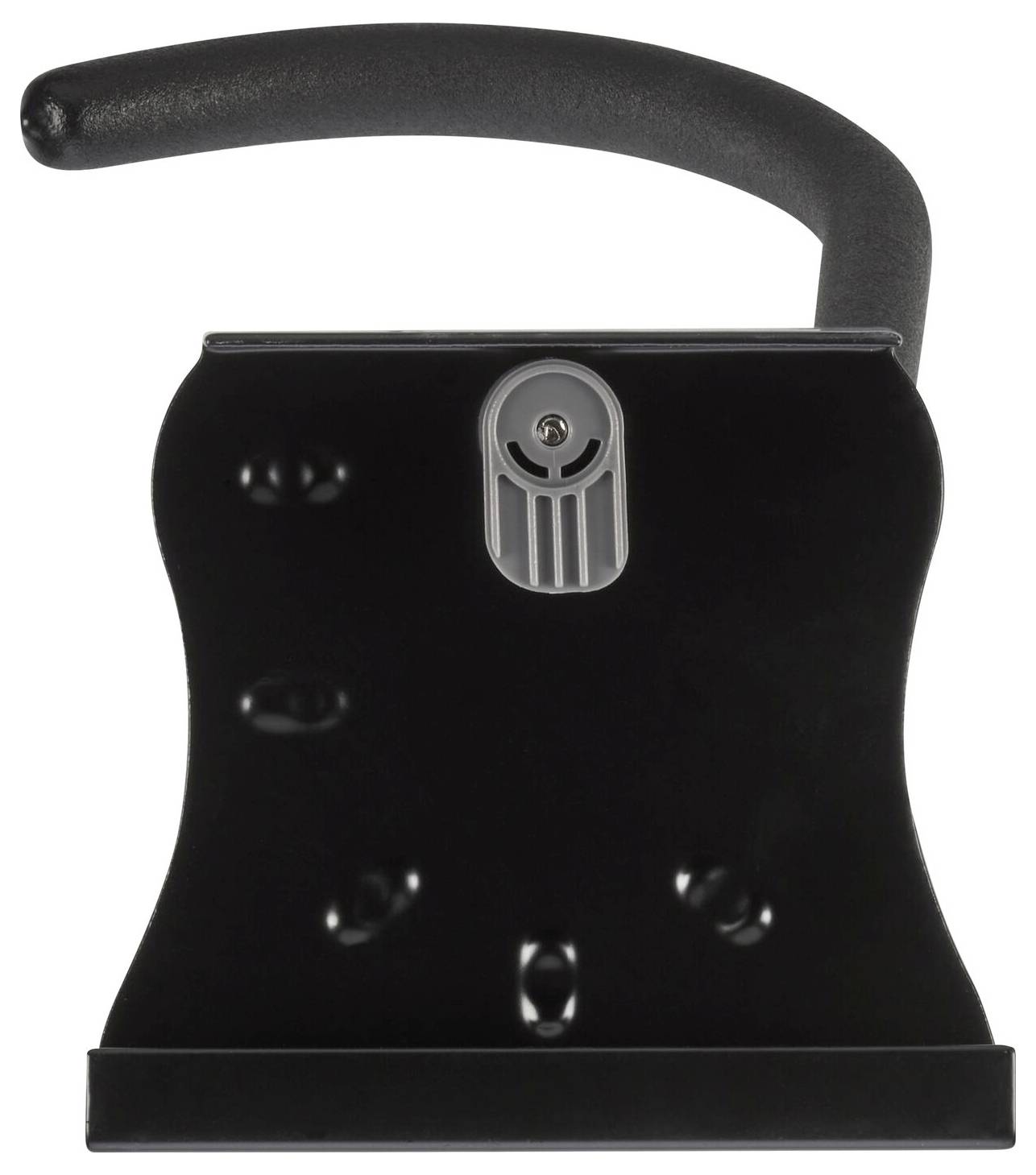 Czarne stalowe kłódka z zakrzywionym pałąkiem metalowym i cylindrem zamka pośrodku.