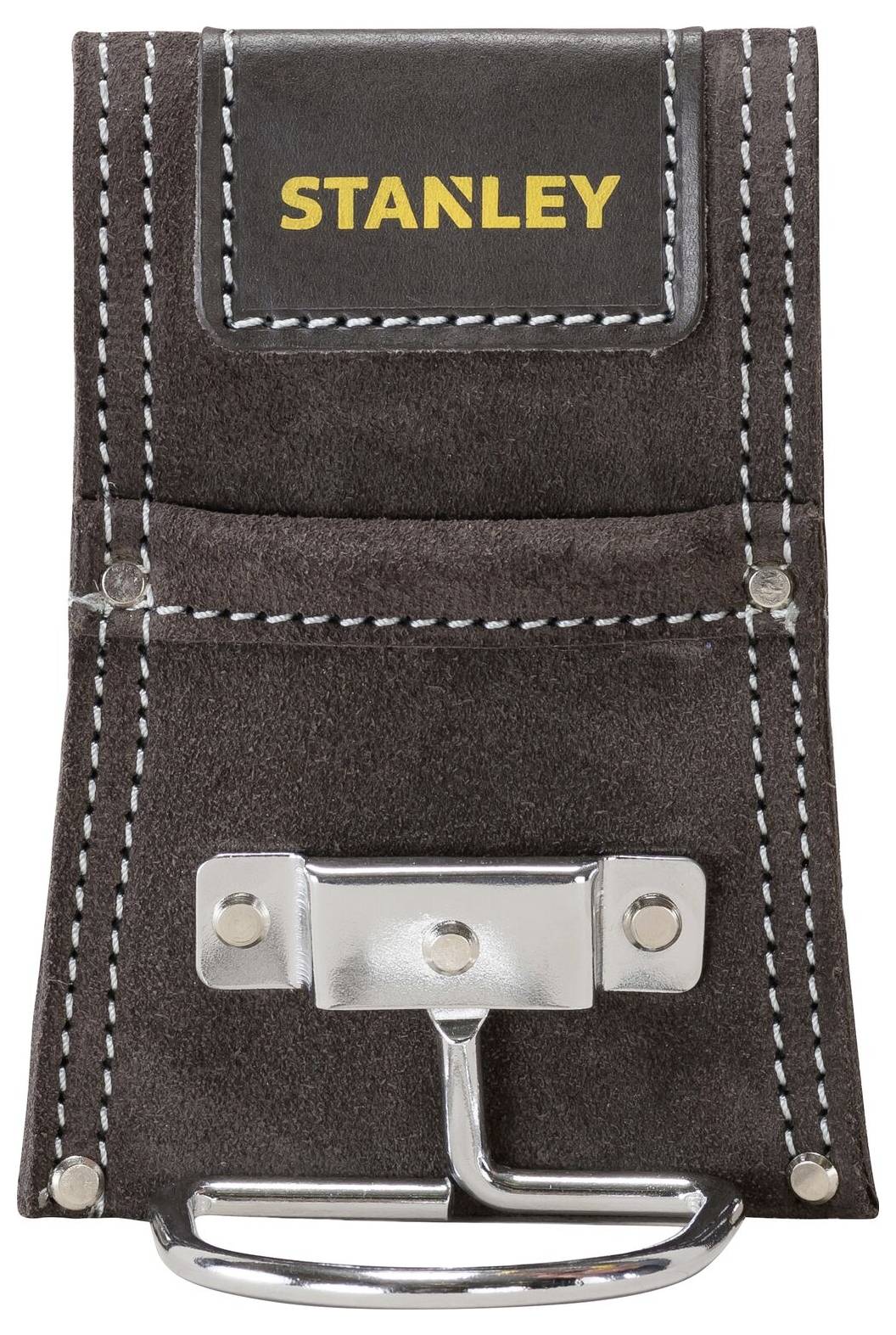 Ciemnobrązowa skórzana torba na narzędzia z żółtym logo 'STANLEY' na górze i srebrnym mocowaniem na dole, przeznaczona do noszenia młotka.
