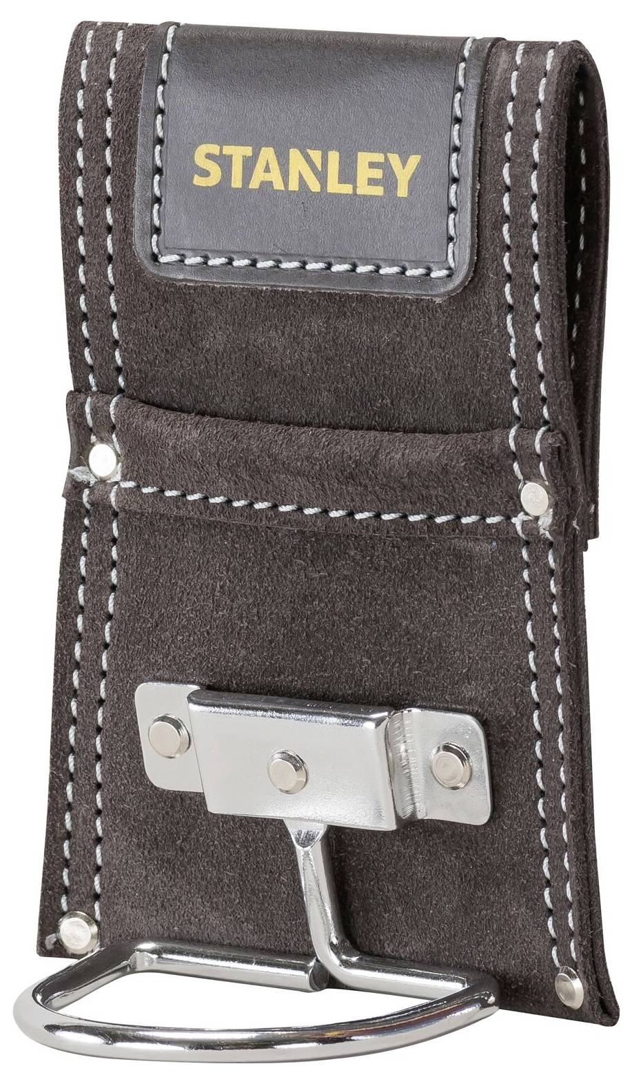 Skórzana torba monterska w kolorze ciemnobrązowym z białymi przeszyciami, nadruk marki 'Stanley' na górze, metalowy uchwyt u dołu.