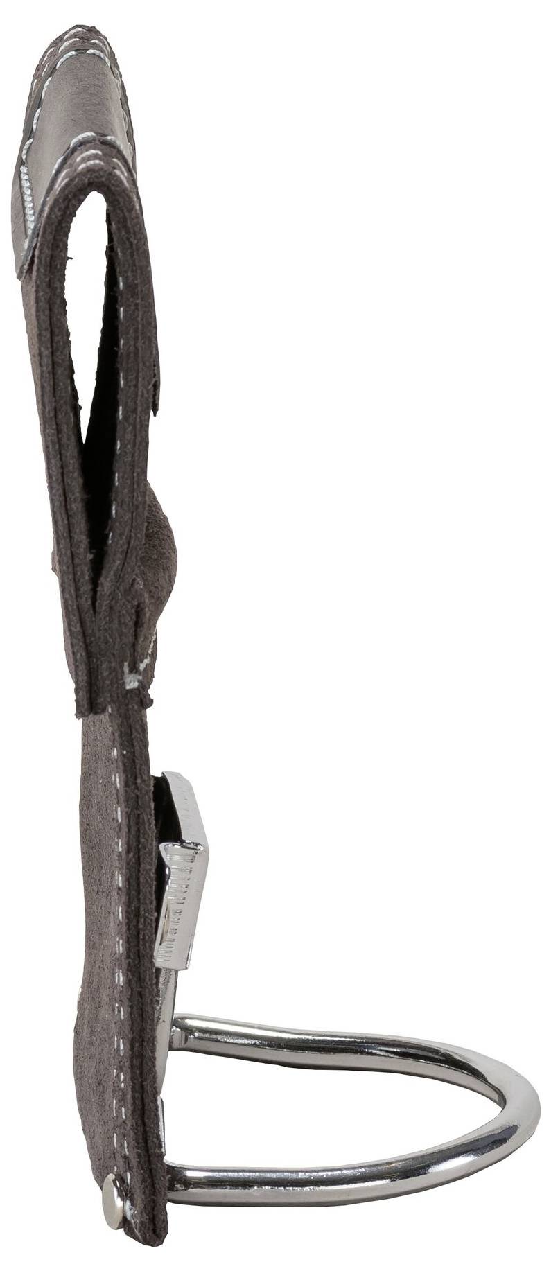 Metalowa sprzączka paska w kolorze brązowym, stojąca pionowo.