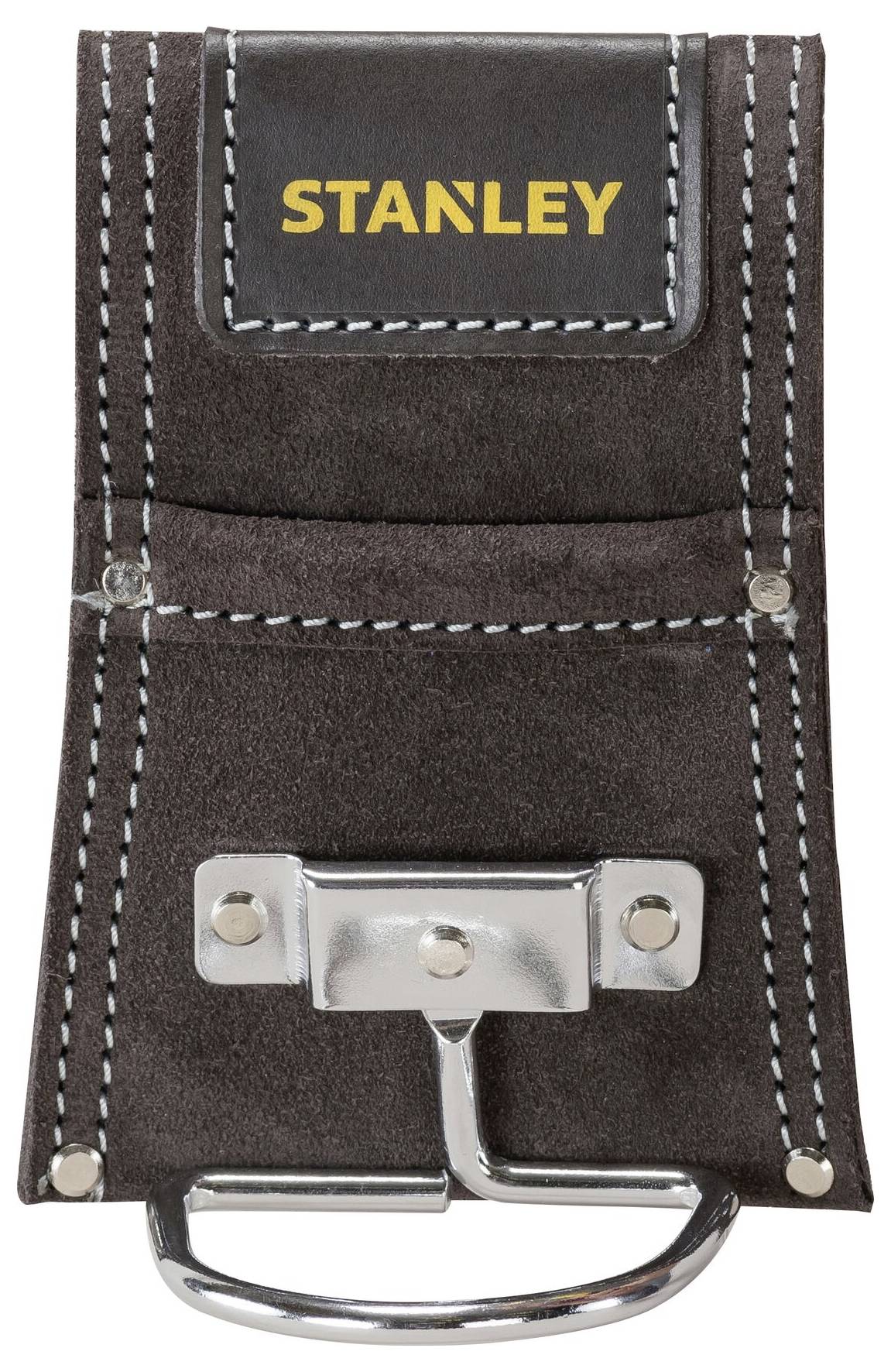 Uchwyt na narzędzia skórzany firmy Stanley, czarny, z żółtym logo na górze, wzmacniane szwy, metalowa pętla do przechowywania narzędzi.