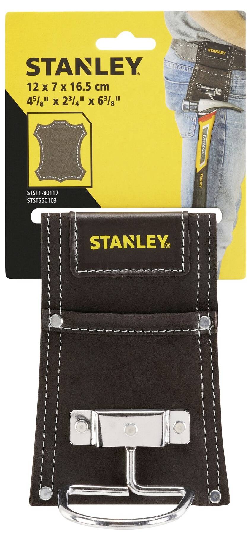 Skórzany uchwyt na narzędzia Stanley, 12 x 7 x 16,5 cm, mocowany do pasa, odpowiedni dla narzędzi ręcznych, zdjęcie przedstawia opakowanie produktu.