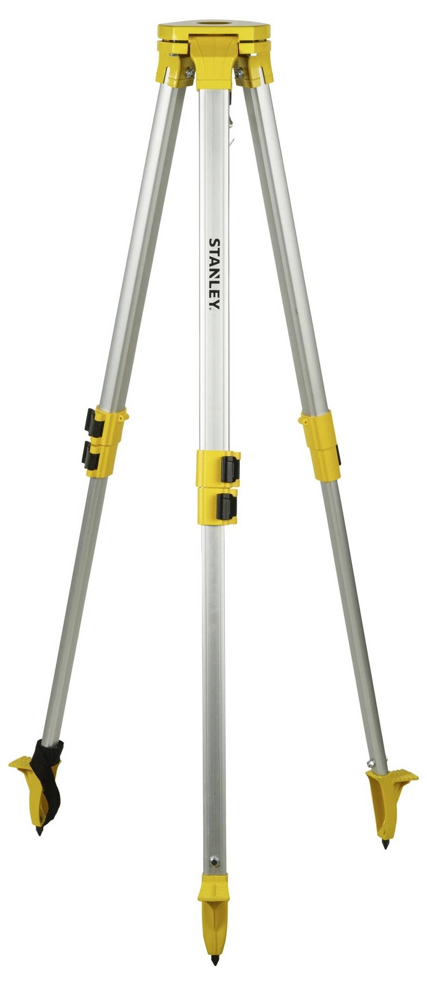 Statyw o trzech rozkładanych nogach, wykonany z aluminium z żółtymi akcentami, przeznaczony do prac geodezyjnych.