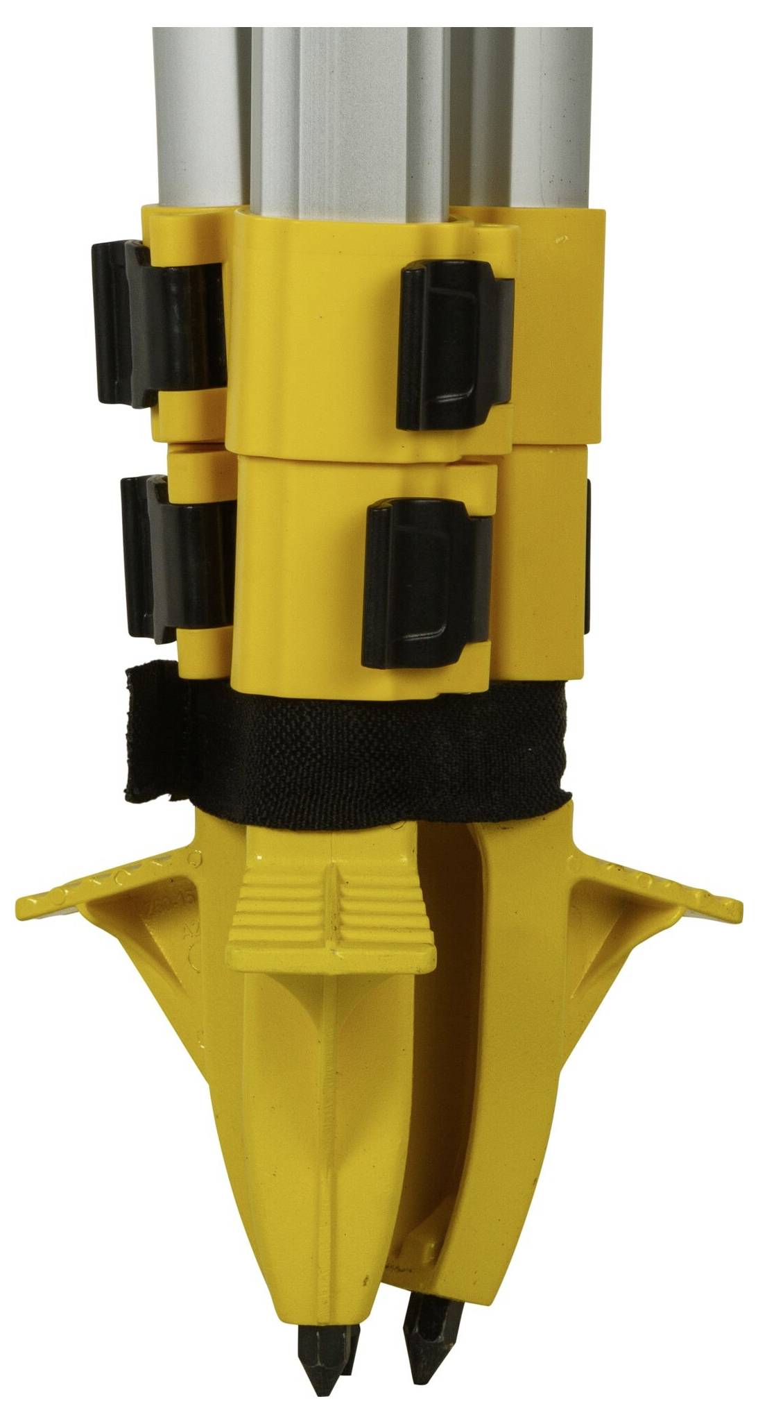 Żółty, trójnożny statyw z czarnymi zaciskami i aluminiowymi nogami, używany do urządzeń pomiarowych.