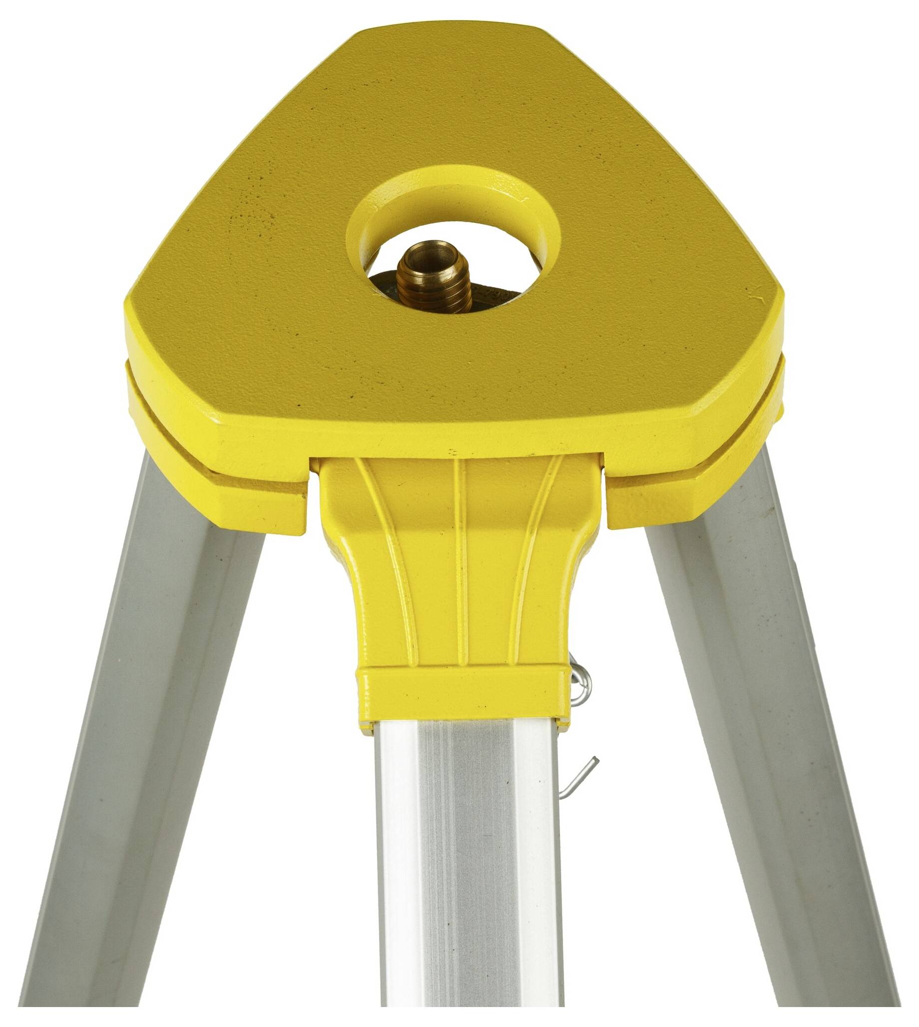 Żółty statyw z trójkątną głowicą i srebrnymi nogami. Posiada centralną śrubę mocującą do urządzenia.