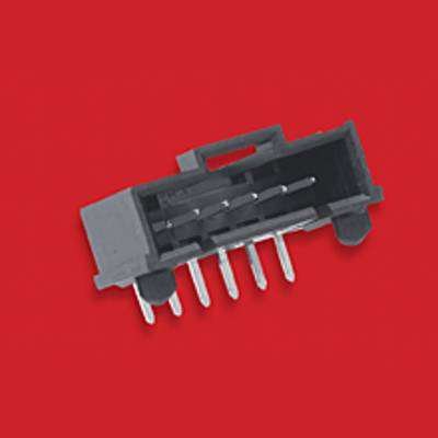Elektryczny złącz wtykowy na czerwonym tle z siedmioma metalowymi stykami i prostokątną obudową z tworzywa sztucznego.