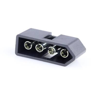 Czarny wtyk Molex z czterema metalowymi pinami, używany do połączeń sprzętu komputerowego.