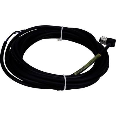 Długi, skręcony czarny kabel z metalowym złączem na jednym końcu, zabezpieczony białymi opaskami, odpowiedni do użytku elektronicznego lub technicznego.