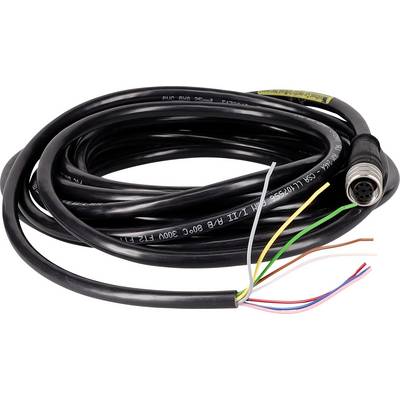 Zwinięty czarny wielordzeniowy kabel z okrągłą wtyczką złącza na jednym końcu i kilkoma odkrytymi kolorowymi przewodami na drugim końcu.