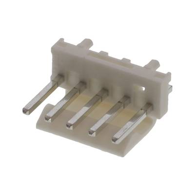 Biały elektroniczny złącze z pięcioma metalowymi pinami, ułożonymi w poziomie.