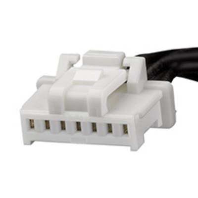 Biały sześciobiegunowy złącz elektryczny, częściowo podłączony do czarnego przewodu.