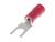 Czerwony końcówka kablowa w kształcie widelca, często stosowana do połączeń elektrycznych oraz zabezpieczania przewodów na zaciskach śrubowych.