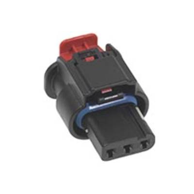 Czarno-czerwony złącze wtykowe z obudową okrągłą, trzema stykami żeńskimi oraz mechanizmem blokującym, przeznaczone do połączeń elektrycznych.