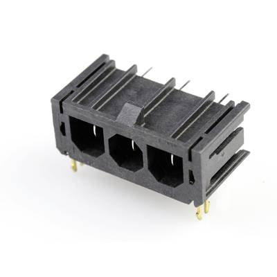 Czarny, trzystykowy złącze Molex do elementów elektronicznych, wyposażone w piny mocujące od boku do płytki drukowanej.
