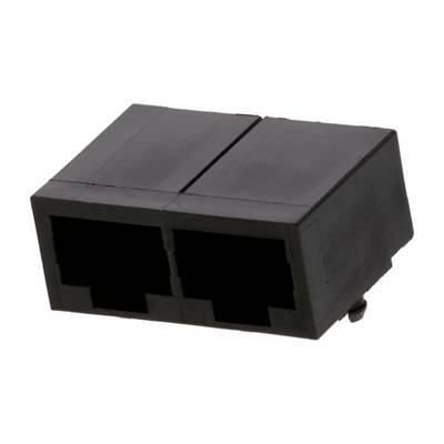 Czarny, podwójny moduł gniazd sieciowych z dwoma portami, kompatybilny z kablami RJ-45.