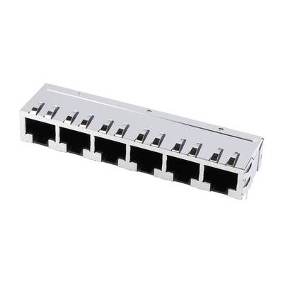 Sześciokrotne gniazdo RJ-45 w metalowej obudowie, stosowane do połączeń sieciowych.