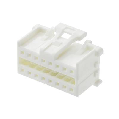 Biały wtyk plastikowy z wieloma otworami przyłączeniowymi w dwóch rzędach, stosowany do połączeń elektrycznych w urządzeniach.