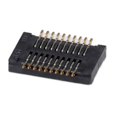 Czarny elektryczny złącze z wieloma metalowymi stykami, używane do łączenia elementów elektronicznych.