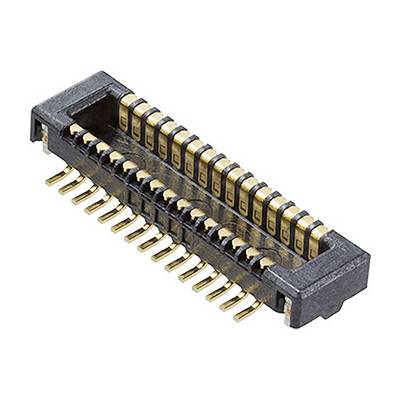 Czarny, prostokątny złącz z pozłacanymi stykami po obu stronach, przeznaczony do użycia w zespołach elektronicznych.