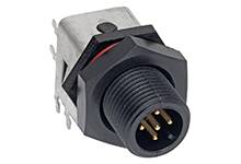 Czarny, okrągły elektryczny złącze z czterema stykami pinowymi i mocowaniem gwintowym, przeznaczone do zastosowań przemysłowych.