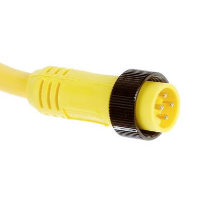 Żółty kabel z okrągłą, czarną wtyczką i kilkoma metalowymi stykami, prawdopodobnie do połączeń elektronicznych.
