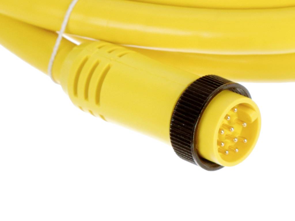 Żółty kabel z wielostykową wtyczką, ukazany w zbliżeniu. Wtyczka posiada kilka styków do połączenia elektrycznego.