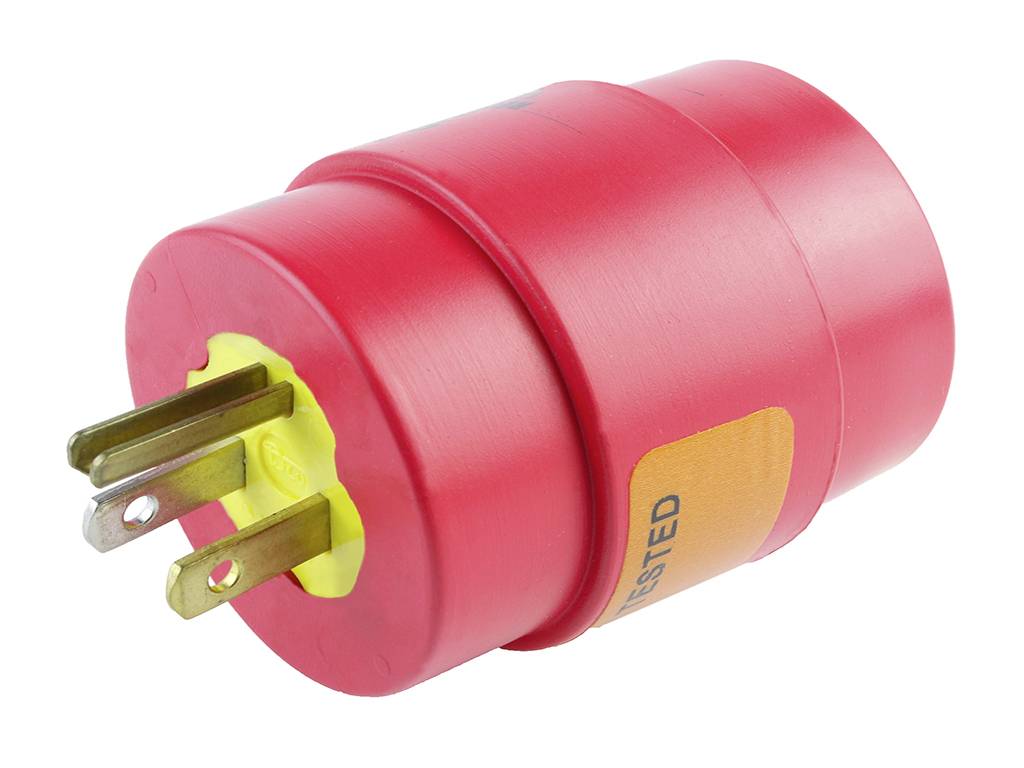 Czerwony elektryczny adapter z trzema metalowymi wtyczkami i żółtą wkładką, z pomarańczową etykietą z boku z napisem 'TestED'.