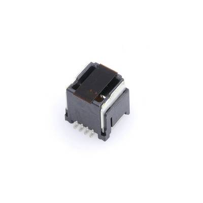 Czarny elektroniczny przełącznik z wieloma metalowymi stykami od spodu, przeznaczony do montażu na płytce drukowanej.
