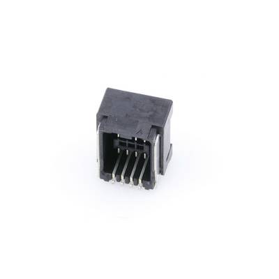Czarna wtyczka RJ45 z wieloma stykami metalowymi, widok z przodu; używana do połączeń Ethernet w sieciach.