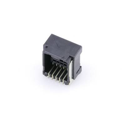 Czarny złącz RJ45, typowy dla połączeń kablowych Ethernet, na białym tle.