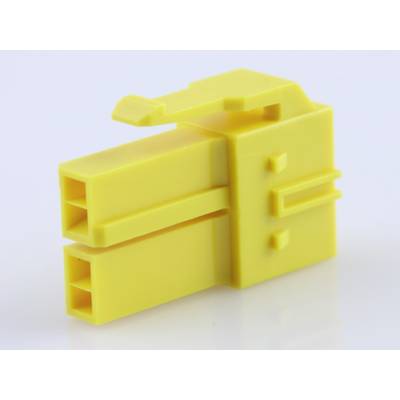Żółty plastikowy element łączący z prostokątnymi otworami i dwoma hakami u góry, na białym tle.