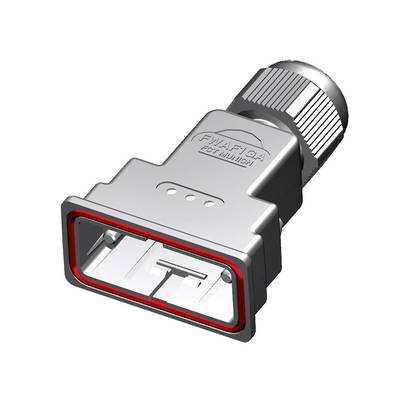 Prostokątna metalowa wtyczka z czerwonym uszczelnieniem i zamknięciem śrubowym, prawdopodobnie przeznaczona do połączeń elektrycznych lub przewodowych.