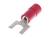 Czerwony końcówka kablowa w kształcie widelca, często stosowana do połączeń elektrycznych. Odpowiednia do przyłączy śrubowych w urządzeniach elektrycznych.