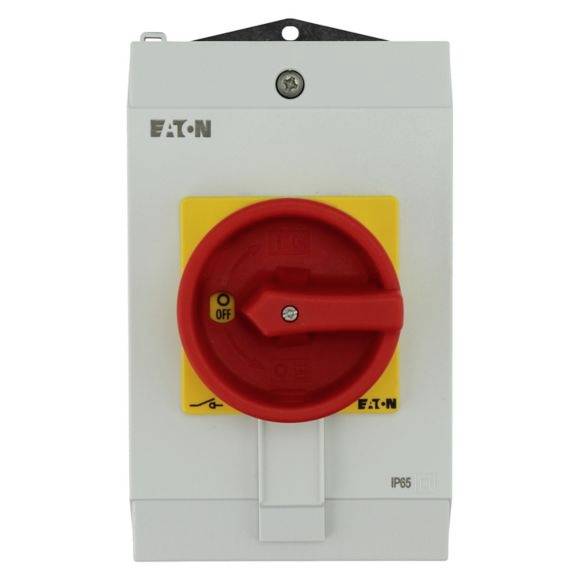Elektryczny wyłącznik główny z czerwoną dźwignią w pozycji 'WYŁ'. Oznaczenie 'EATON' na przedniej stronie. Odpowiedni dla sektora przemysłowego.