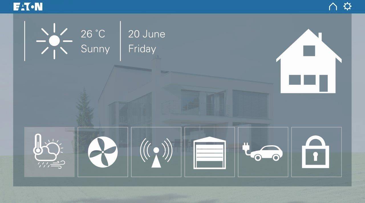 Prognoza pogody: '26°C, słonecznie'. Data: '20 czerwca, piątek'. Symbole sterowania inteligentnym domem: klimatyzacja, wentylacja, Wi-Fi, garaż, samochód, bezpieczeństwo.