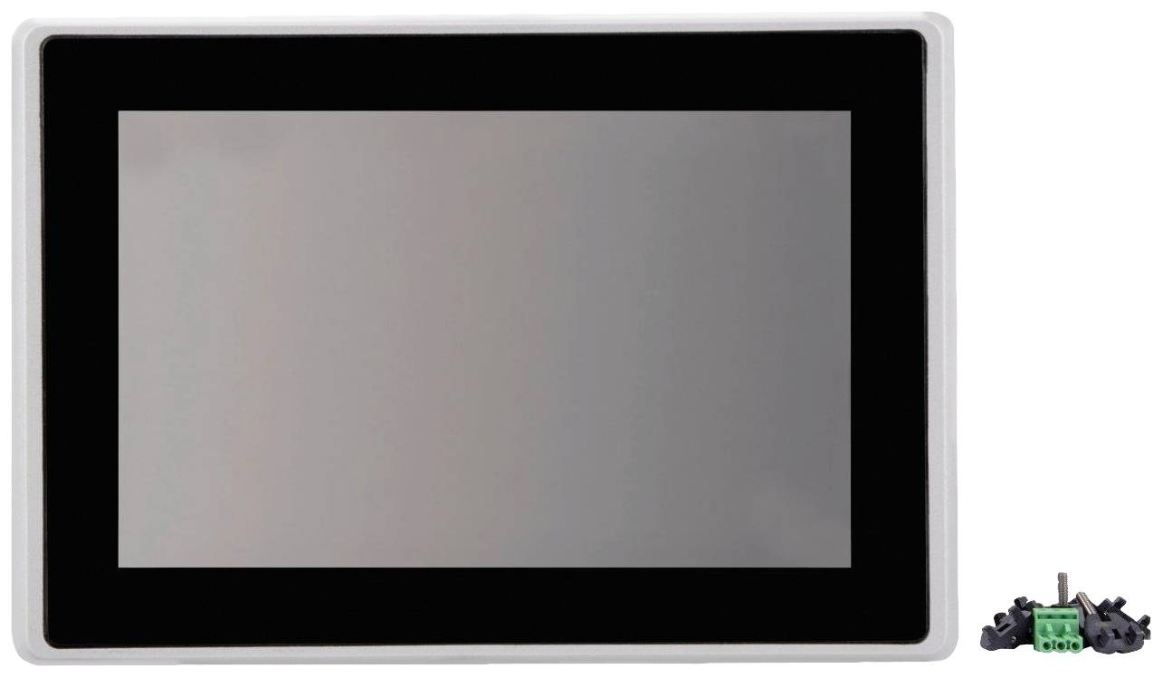 Czarny ekran z białą ramką i małym, zielonym elementem elektronicznym w prawym dolnym rogu.