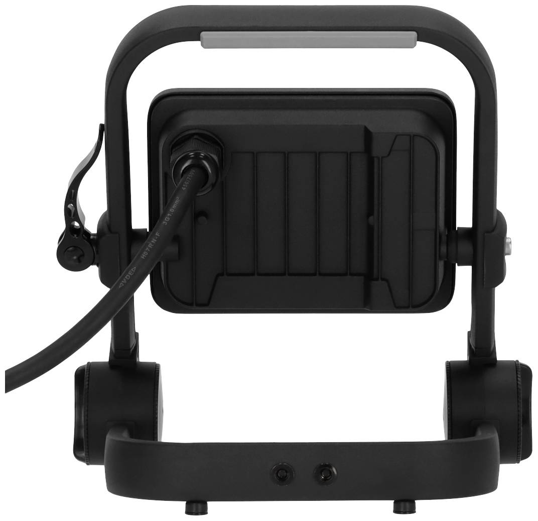 Widok z tyłu czarnego, prostokątnego reflektora z przewodem i uchwytem, odpowiedniego do oświetlenia zewnętrznego.