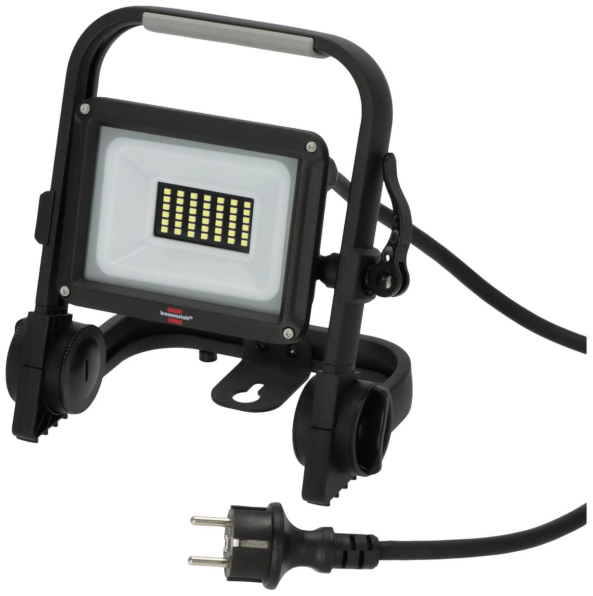 Przenośny reflektor LED z wtyczką sieciową, wytrzymałą obudową i uchwytem do przenoszenia. Odpowiedni do prac budowlanych i projektów na zewnątrz.