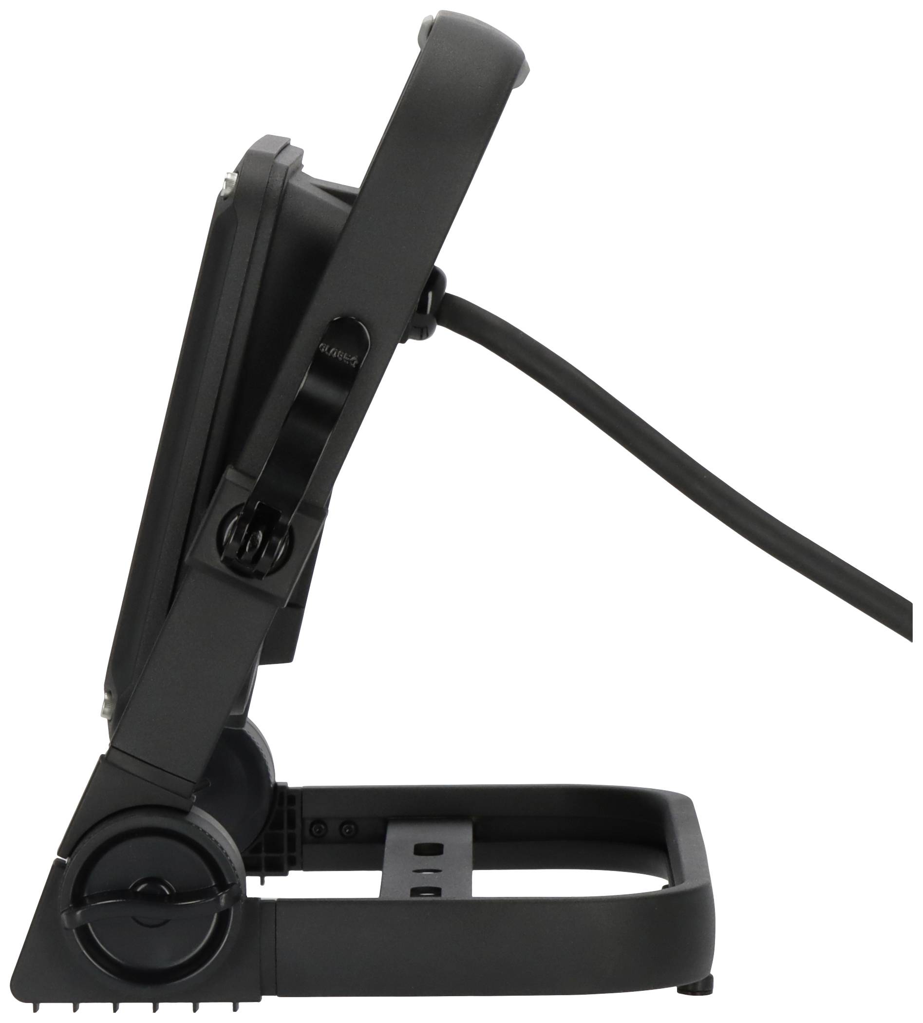 Widok z boku czarnego, składanego urządzenia elektronicznego z przewodem.