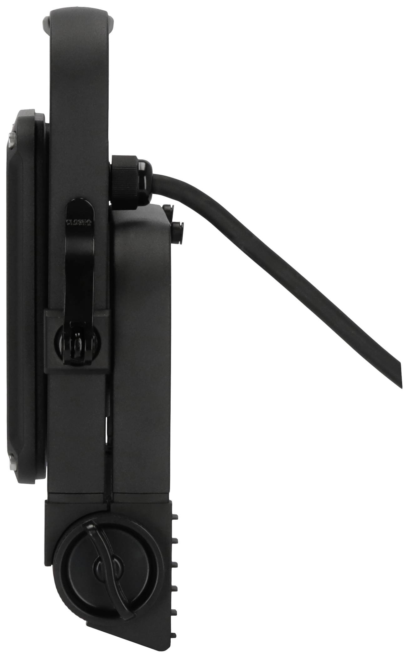 Widok z boku czarnej, przenośnej lampy z elastycznym ramieniem i mocowaniem zaciskowym, odpowiedniej do różnych powierzchni.