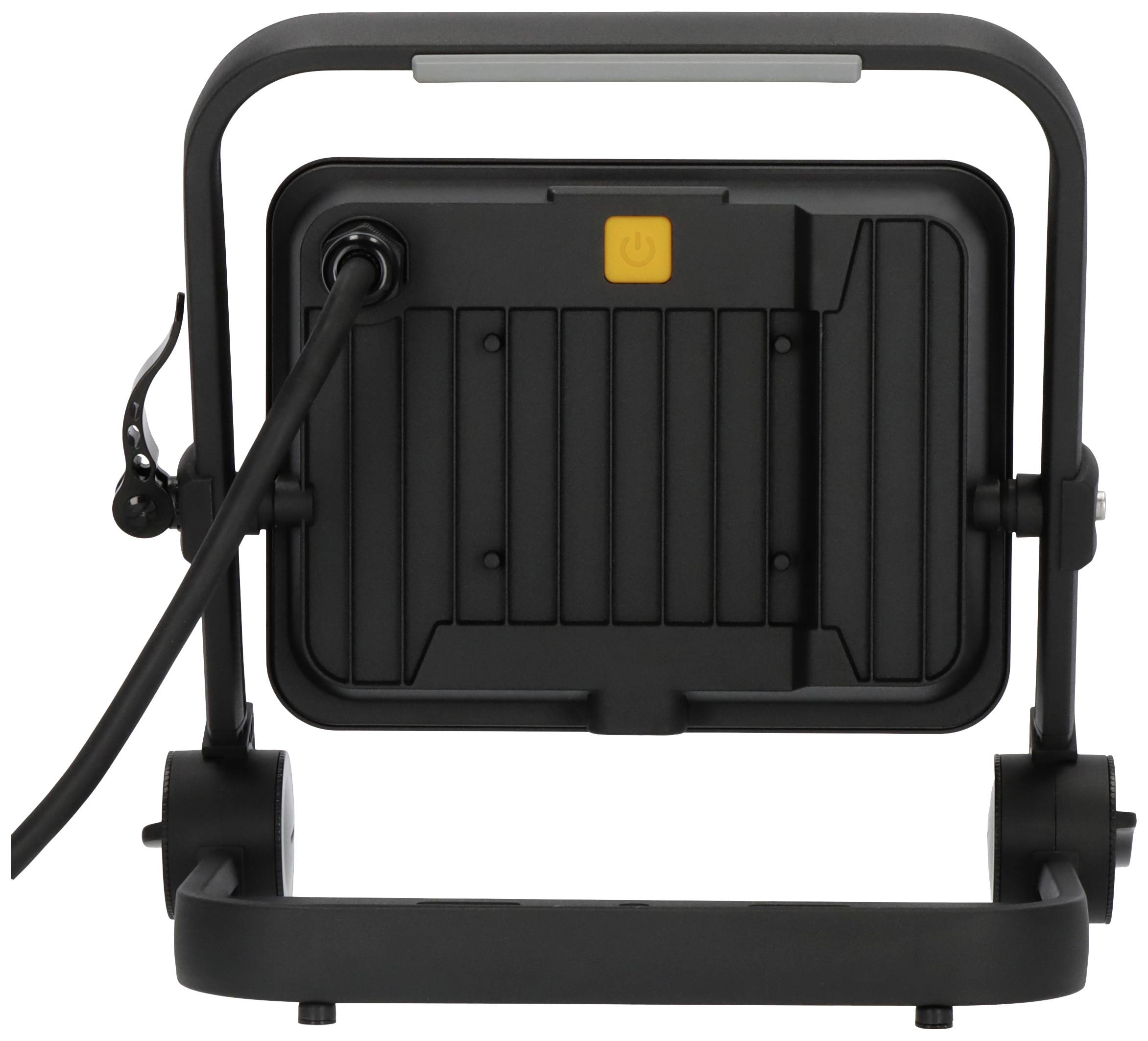 Czarna lampa LED z przewodem, widziana od tyłu, ukazuje obudowę. Widoczny jest pomarańczowy przełącznik sieciowy.