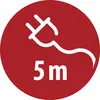 Czerwony okrągły znak z białą ikoną wtyczki i przewodu oznaczony '5 m', wskazujący długość lub zasięg kabla 5 metrów.