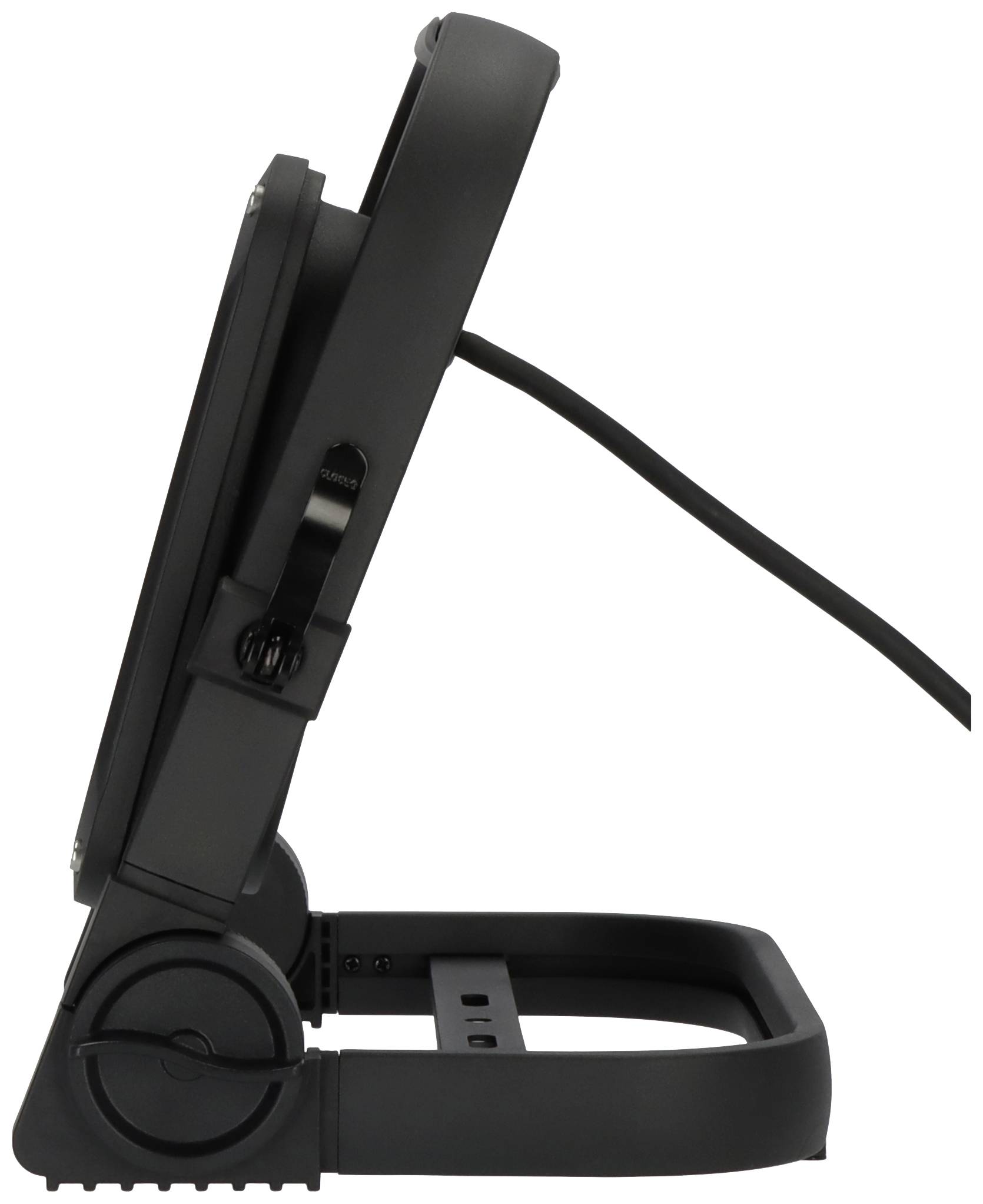 Czarny, składany, przenośny stojak na monitor widziany z boku. Kabel jest podłączony z tyłu.