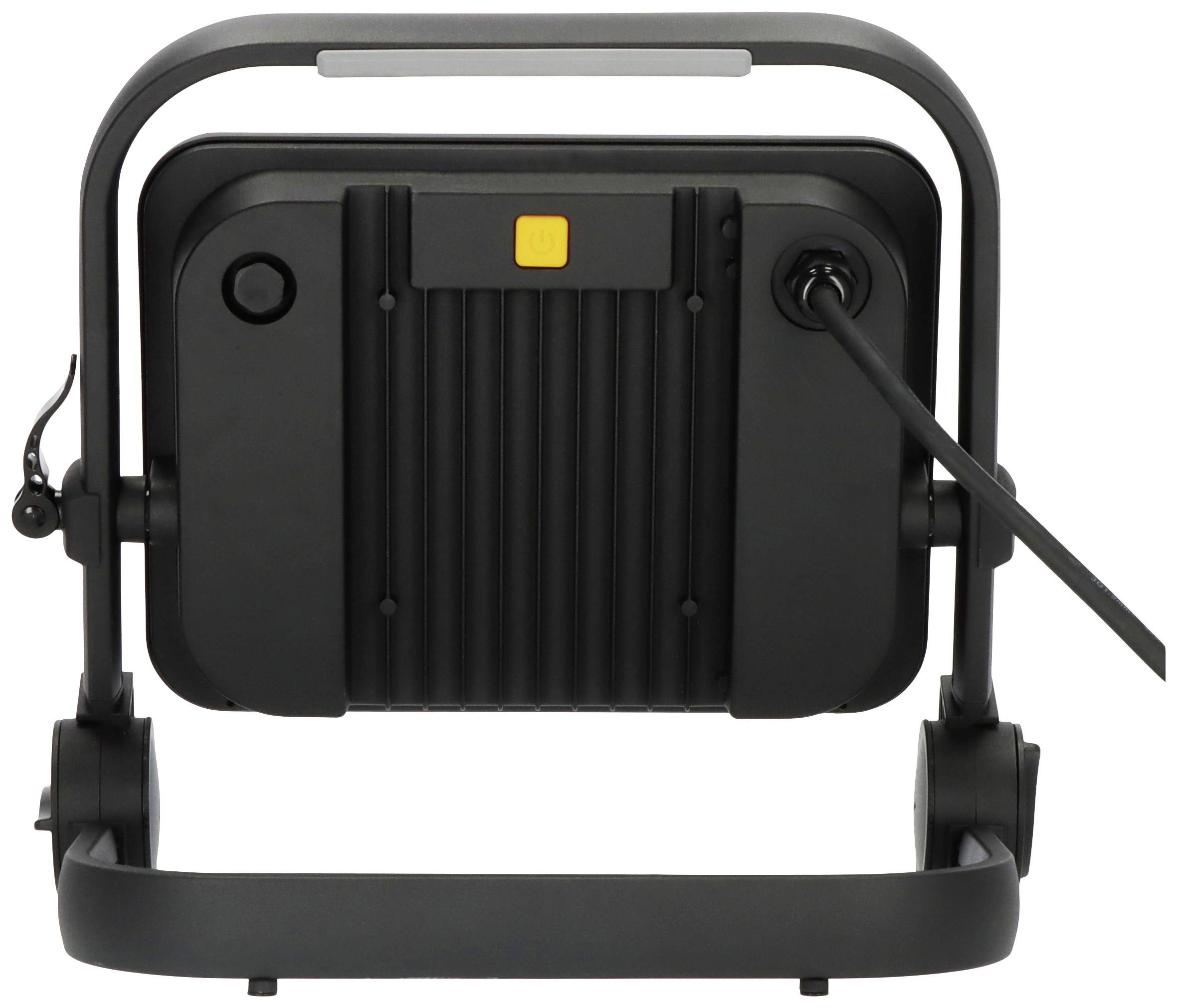 Widok z tyłu reflektora LED w czarnej obudowie z podłączeniem przewodu, odpowiedni do oświetlenia na zewnątrz.