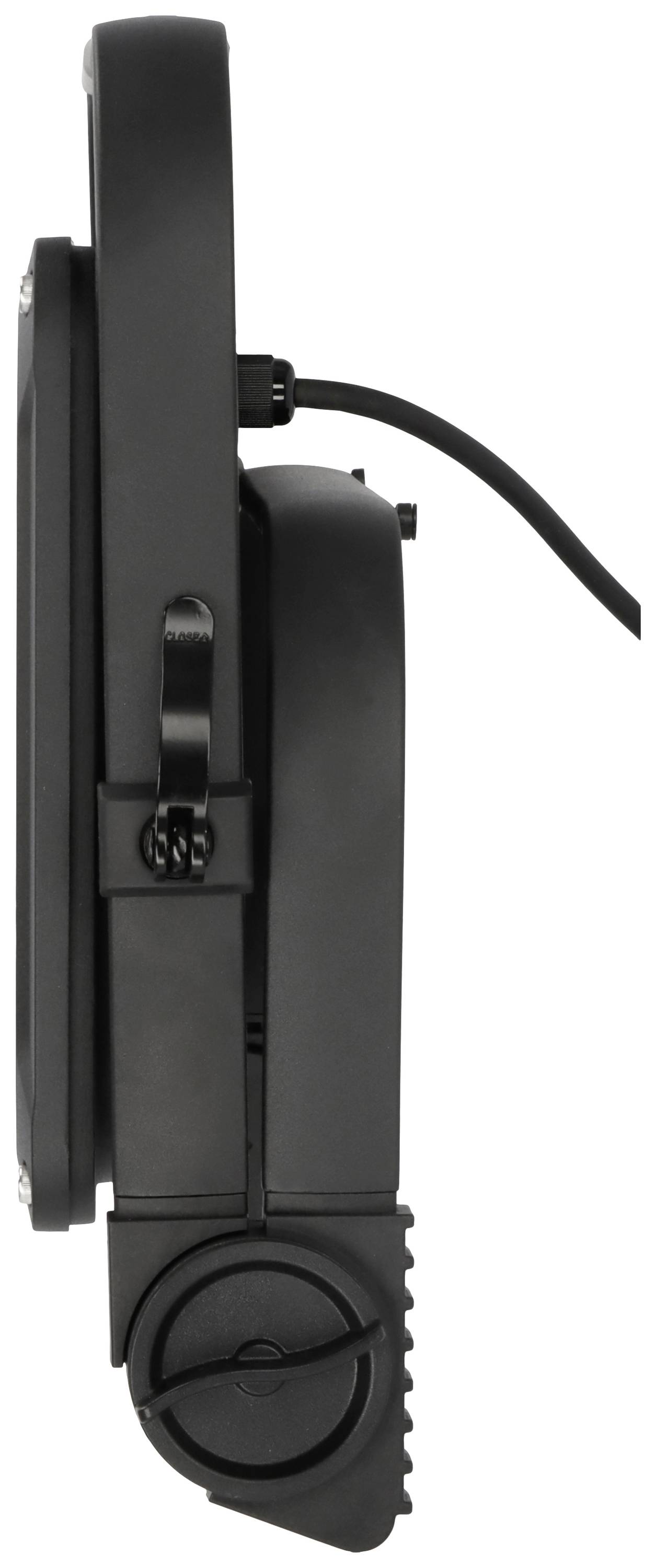 Czarne urządzenie elektryczne widziane z boku, z przewodem i składaną podstawą.