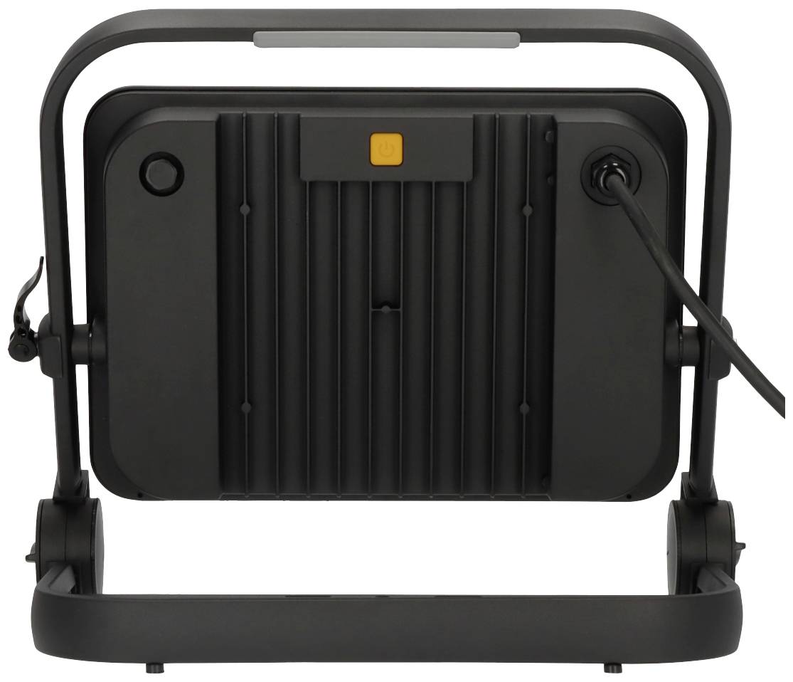 Czarny reflektor LED z wytrzymałą obudową i uchwytem, z tyłu widoczne są pokrętła ustawień i przewód zasilający.