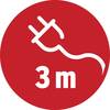Czerwone okrągłe symbol z wyStylizowaną białą wtyczką i tekstem '3 m', wskazujący długość kabla wynoszącą 3 metry.